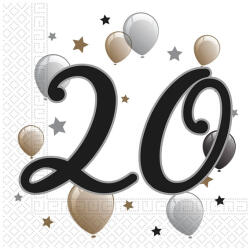 Procos Szalvéta, 20. évszámos, 33x33 cm, fehér, arany-ezüst lufis