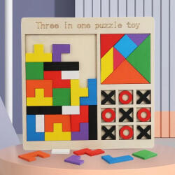  Puzzle incastru din lemn 3 in 1 - tangram forme geometrice, tetris si X si 0 (102771)