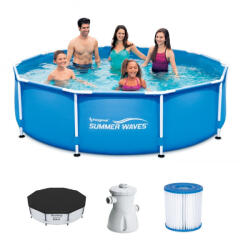 Polygroup Málta / Maui VT Steel Pro 305 x 76 cm kék / fehér fémvázas kerti medence szett vízforgatóval és védőtakaróval (SW_MALTA_BLUE_VT)