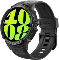 Samsung Galaxy Watch 6 (44mm) SM-R940 / R945, Szilikon védőkeret, ütésálló, szíjjal, Spigen Rugged Armor Pro, fekete