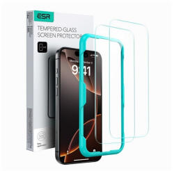 Apple iPhone 15 Plus / 16 Plus, Kijelzővédő fólia, ütésálló fólia (az íves részre NEM hajlik rá! ), Tempered Glass (edzett üveg), segéd kerettel, ESR, Clear, 2 db / csomag - tok-shop