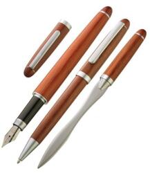  Toll készlet fa, ELITE golyóstoll + töltőtoll + levélbontó, ezüst kiegészítő, fa dobozban