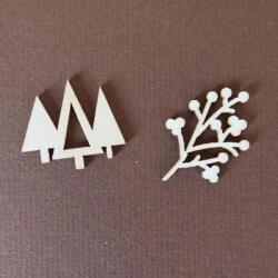  Natúr fa fenyők + fagyöngy ág. Fenyők mérete: 30x25 mm, fagyöngy ág mérete: 35x20 mm