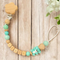  Neves cumilánc - szilikon és fa gyöngyökkel, türkiz színben, türkiz macival (1319)