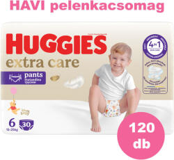 Huggies Extra Care Pants 6-os bugyipelenka 15-25kg, 4x30db - HAVI PELENKACSOMAG + AJÁNDÉK Huggies törlőkendő