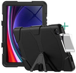 Samsung Tab A9 Plus (11.0) SM-X210 / X215 / X216B, Műanyag hátlap védőtok, + képernyővédő üveggel, kitámasztóval, fekete