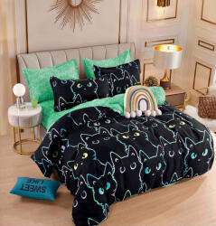 Jojo Home Lenjerie pat single, bumbac finet, 4 piese, cearceaf normal, neagra verde cu pisici-A942 (A942) Lenjerie de pat