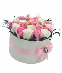 Eventissimi® Aranjament Floral Personalizabil in Cutie Cadou, Eventissimi, Trandafiri, Alb Roz (CF-022)