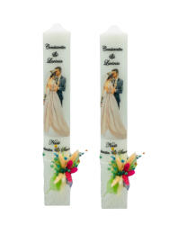 Eventissimi® Set lumanari nunta, personalizabile cu nume si data, decorate cu flori uscate si silueta mire si mireasa multicolor (SET-008)