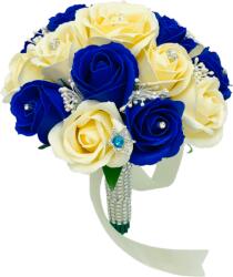 Eventissimi® Buchet mediu personalizabil cu trandafiri, perlute, strasuri si bijuterii (Crem, Albastru) (BF-142)