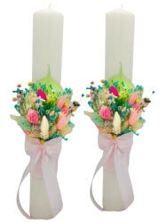Eventissimi® Set Lumanari pentru Nunta sau Botez, Personalizabile cu nume si data, Plante Uscate pe Frunza Fosilizata, Eventissimi, 40 cm, Multicolor, Aranjament Frontal (SET-011)