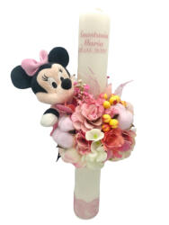 Eventissimi® Lumanare Minnie pentru botez fetita, 40 cm, cu flori din matase, real touch si naturale (personalizabila cromatic si cu text) (LB-014)