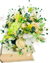 Eventissimi® Buchet mediu personalizabil cu trandafiri, bumbac si plante uscate si criogenate (Verde, Crem) (BF-115)