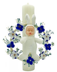 Eventissimi® Lumanare pentru botez, 30 cm, cu flori de cires din sapun, flori naturale uscate si iepuras somnoros (personalizabila cromatic si cu text) (LB-027)