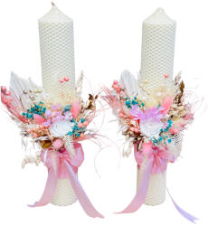 Eventissimi® Set lumanari personalizabile, colorate, pentru nunta sau botez cu aranjament frontal cu trandafir criogenat si plante naturale uscate, 40 cm (Alb Roz) (SET-026)