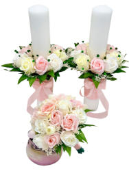 Eventissimi® Set buchet si lumanari cu trandafiri din foita parfumata de sapun si floarea miresei naturale uscata - Alb Roz Crem (SET-037)