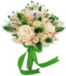 Eventissimi® Buchet mic personalizabil cu trandafiri din catifea si flori naturale uscate si criogenate, (Ivory Verde) (BF-153)