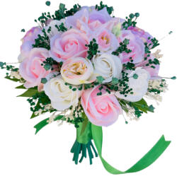 Eventissimi® Buchet mediu personalizabil cu trandafiri, mini bujori si floarea miresei (Alb, Roz, Verde) (BF-173)