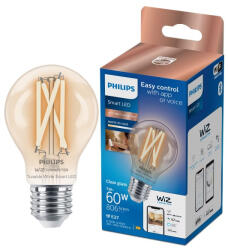 Philips Bec LED inteligent vintage, Led Smart Philips, filament transparent, Wi-Fi, Bluetooth, A60, E27, 7W (60W), 806 lm, temperatura lumina reglabila (2700-6500K), 8719514371989 (871951437198900)