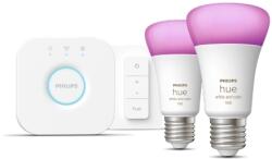 Philips Lighting Romania Pachet 2 becuri inteligente LED RGB Philips Hue ambianta alba/color, WiFi/Bluetooth , E27, 9W, 806 lm + Bridge si Variator, 8719514291379 (871951429137900)