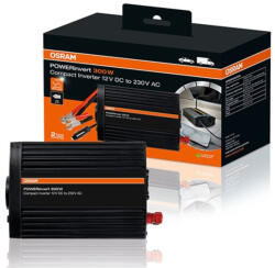 OSRAM Powerinvert 300W módosított szinuszhullámú autós inverter 12V DC-ről 230V AC-re, USB 2.1A töltőporttal, kompakt kialakítás, OEINVU300 (OEINVU300)