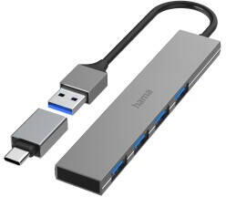 Hama Docking Station HAMA USB Hub, 4 Ports, USB 3.2 Gen 1, 5 Gbit/s, Ultra-Slim, incl. USB-C Adapter (HM200141)