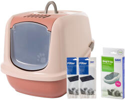 SAVIC Savic Nestor XXL macskatoalett-pezsgőszín/sötét rózsaszín + 2 db csereszűrő + 6db Bag it Up Jumbo alátét