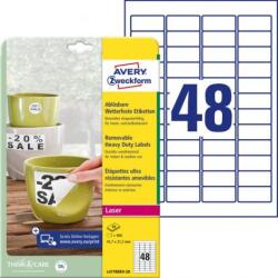 Avery Zweckform Poliészter címkék, nagyon tartósak, 45, 7x21, 2 mm, Avery A4, fehér, kivehető, 20 lapos