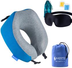 Suporto Set Perna de calatorie Suporto Travel Companion. Perna voiaj din spuma cu memorie, Albastra + Masca de dormit Suporto 3D cu saculet Verde Smarald, pachet pentru ochi obositi si un somn odihnitor