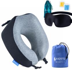 Suporto Set Perna de calatorie Suporto Travel Companion. Perna voiaj din spuma cu memorie, Neagra + Masca de dormit Suporto 3D cu saculet Verde Smarald, pachet pentru ochi obositi si un somn odihnitor