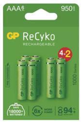 GP Batteries Újratölthető akkumulátor, AAA (HR03), 1, 2 V, 950 mAh, GP, papírdoboz, 6-os csomag, ReCyko