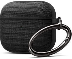  Bluetooth fülhallgató töltőtok tartó, műanyag tok, textil bevonat, vezeték nélküli töltés támogatás, karabiner, Apple AirPods 3 kompatibilis, Spigen Urban Fit, fekete