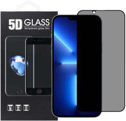 Apple 13 Pro / 14 / 16e üvegfólia, tempered glass, előlapi, 5D, edzett, hajlított, fekete kerettel, betekintés védelemmel, Privacy