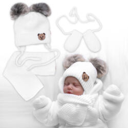 Baby Nellys Set copii, palarie de iarna cu esarfa + manusi 3D, Teddy Bear - alb