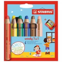 STABILO Комплект цветни моливи, Stabilo, Woody 3 в 1 + острилка ST8806-2, 6 цвята (ST8806-2)