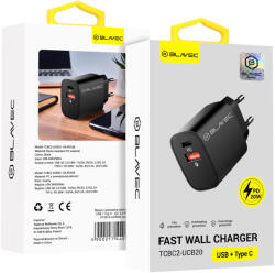 Blavec fali töltő BC2 - USB + Type C - QC 3.0 PD 20W (TCBC2-UCB20) fekete