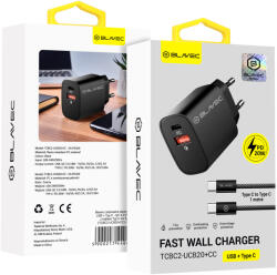 Blavec fali töltő BC2 - USB + Type C - QC 3.0 PD 20W Type C - Type C kábel (TCBC2-UCB20+CC) fekete