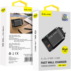 Blavec fali töltő BC5 GaN - USB + Type C - PD QC 45W 3A (TCBC5G-UCB453A) fekete