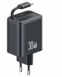 USAMS US-CC241 YC Series hálózati töltő 1xUSB-C csatlakozással és visszahúzható Type-C kábellel PD QC 30W GaN - fekete