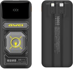 Awei P77K powerbank 10000mAh 22.5W beépített Lightning és Type-C kábellel - fekete