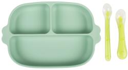 KidsCare Set farfurie cu ventuza si 2 lingurite din silicon fara BPA verde, 1 bucata, KidsCare Set pentru masa bebelusi