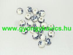  Kék Virágos (3) Porcelán Gyöngy 10mm