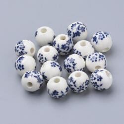 Kék Virágos Porcelán Gyöngy 12mm