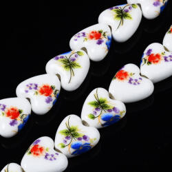  Kék Piros Virágos Porcelán Szív Gyöngyfüzér 15x15x7mm