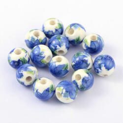  Kék Virágos Porcelán Gyöngy 10mm