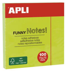APLI Öntapadó jegyzettömb, 75x75 mm, 100 lap, APLI "Funny", neon zöld (LNP11899) - onlinepapirbolt