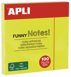 APLI Öntapadó jegyzettömb, 75x75 mm, 100 lap, APLI "Funny", neon sárga (LNP11897) - onlinepapirbolt