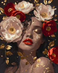 Oh Art! Set pictura pe numere, cu sasiu, Fata cu bujori 4 - canvas negru, 40x50 cm (JX1215)