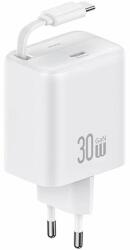 USAMS US-CC241 YC Series hálózati töltő 1xUSB-C csatlakozással és visszahúzható Type-C kábellel PD QC 30W GaN - fehér