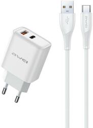 Awei PD81T-EU hálózati töltő 1xUSB-A és 1xUSB-C csatlakozással és USB-A - Type-C kábellel 22, 5W GaN - fehér